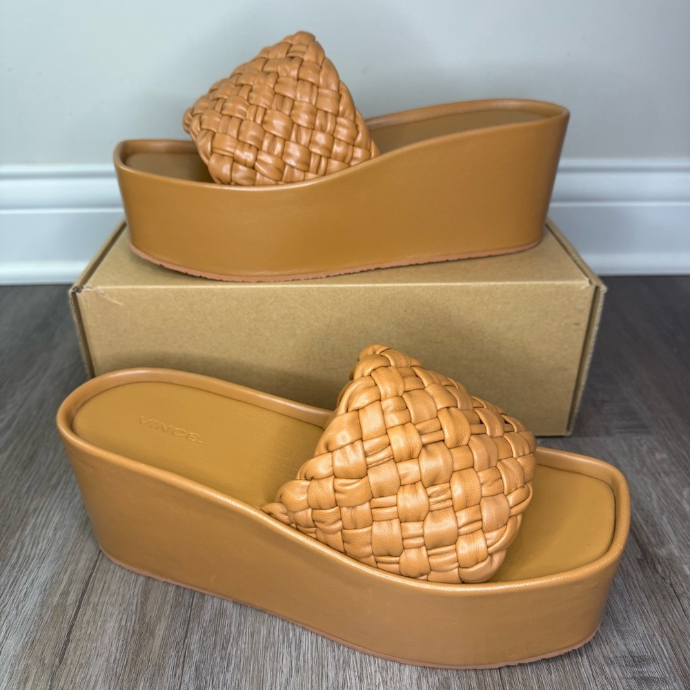 Vince Mari Braided Wedge Tan Leather Platform Slide Sandals